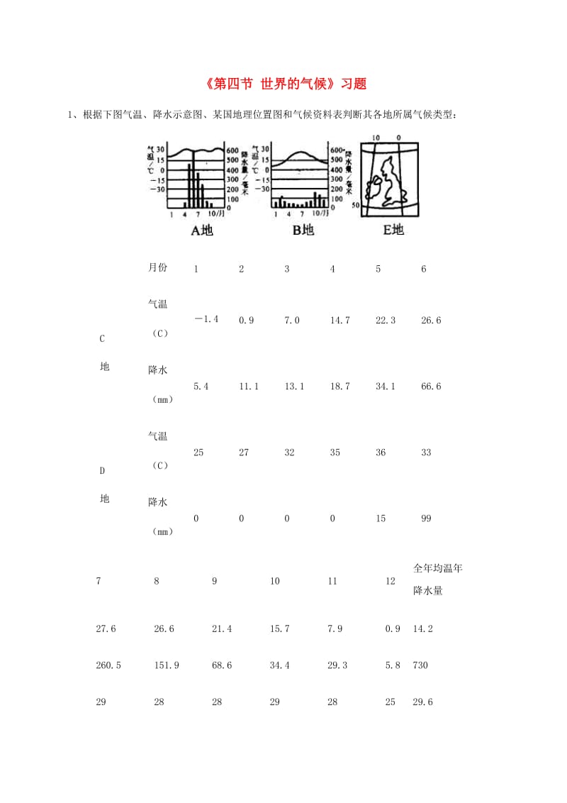 七年级地理上册 第三章 第四节 世界的气候习题1（新版）新人教版.doc_第1页