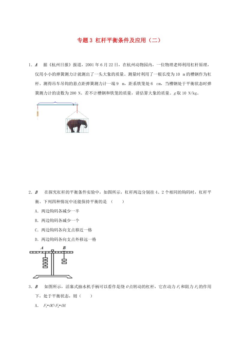 江苏省大丰市九年级物理上册 11.1 杠杆 专题3 杠杆平衡条件及应用（二）课程讲义 （新版）苏科版.doc_第1页