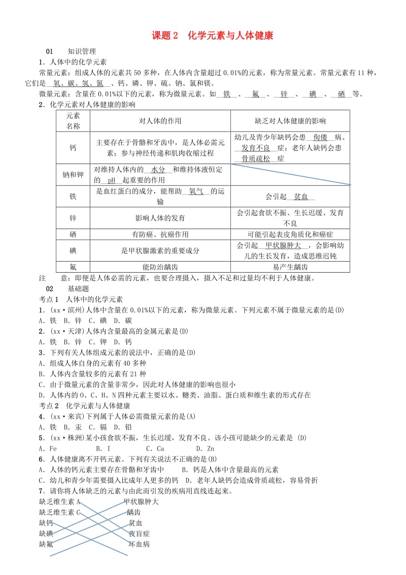 河北省九年级化学下册 第十二单元 化学与生活 课题2 化学元素与人体健康习题 （新版）新人教版.doc_第1页