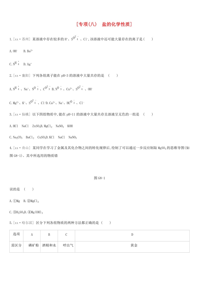 河北省2019年中考化学复习 第一篇 基础过关篇 专项（八）盐的化学性质练习.doc_第1页