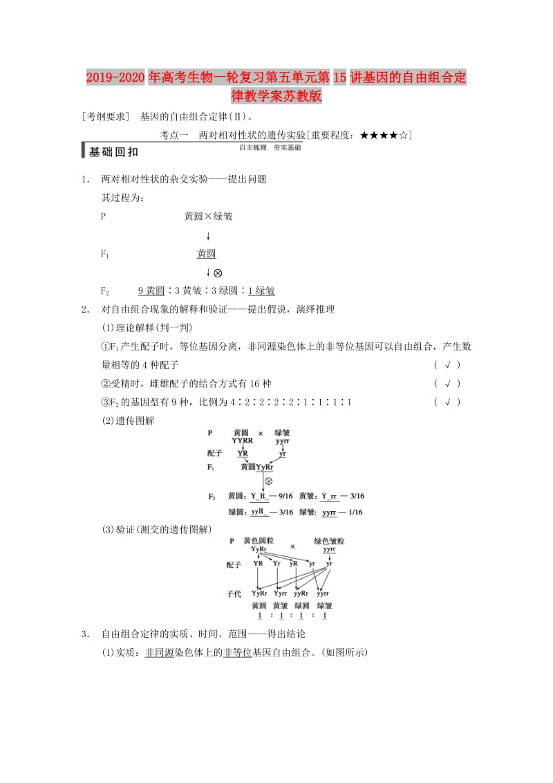 2019-2020年高考生物一轮复习第五单元第15讲基因的自由组合定律教学案苏教版.doc_第1页