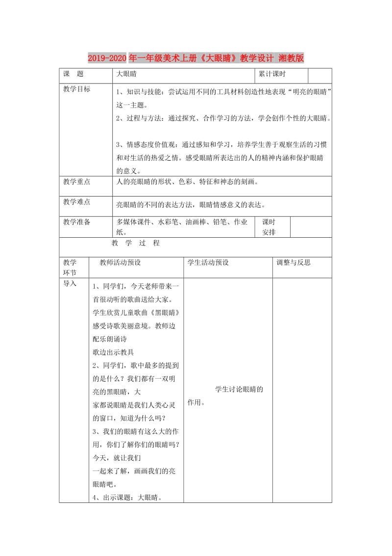 2019-2020年一年级美术上册《大眼睛》教学设计 湘教版.doc_第1页