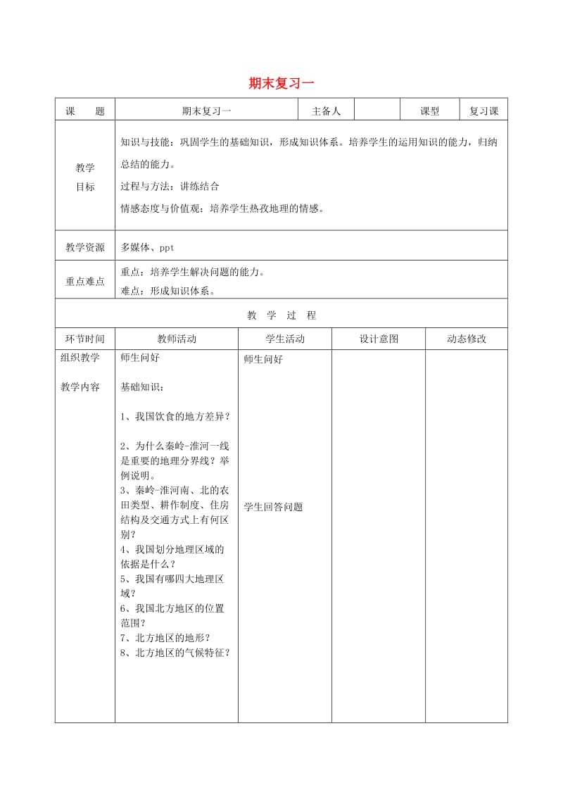 吉林省双辽市八年级地理下册 期末复习教案1 （新版）新人教版.doc_第1页