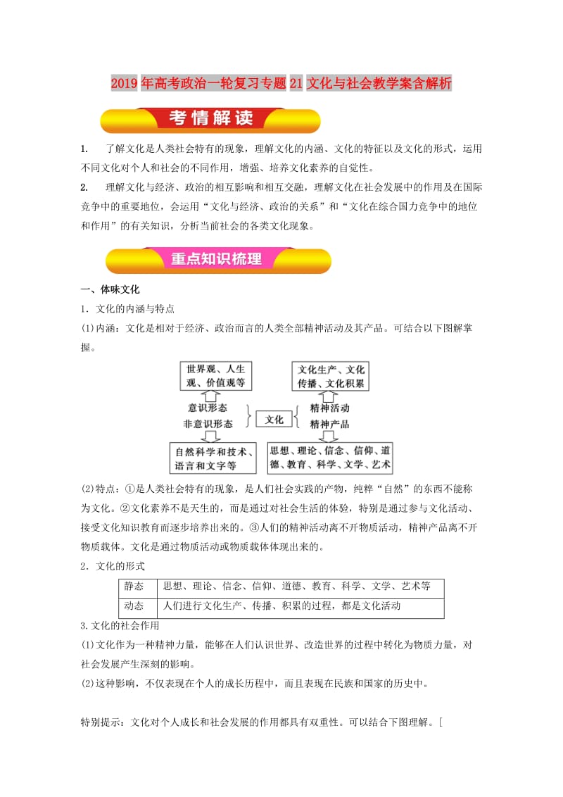 2019年高考政治一轮复习专题21文化与社会教学案含解析.doc_第1页