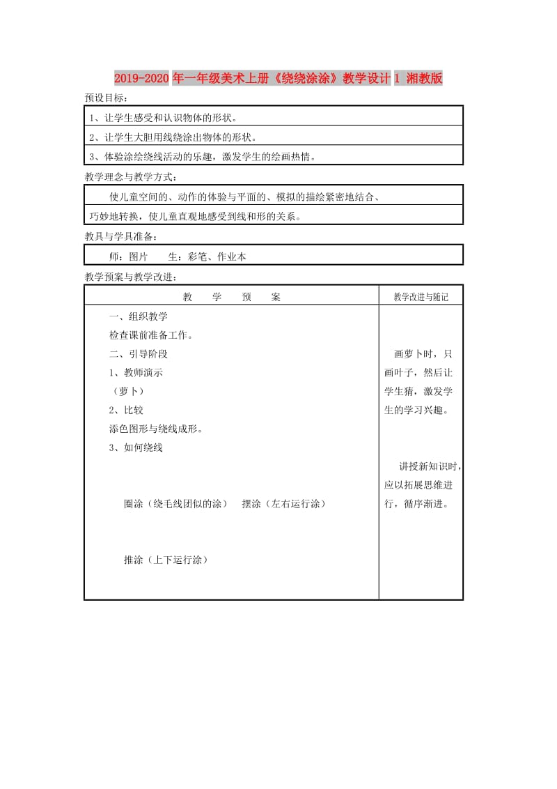 2019-2020年一年级美术上册《绕绕涂涂》教学设计1 湘教版.doc_第1页