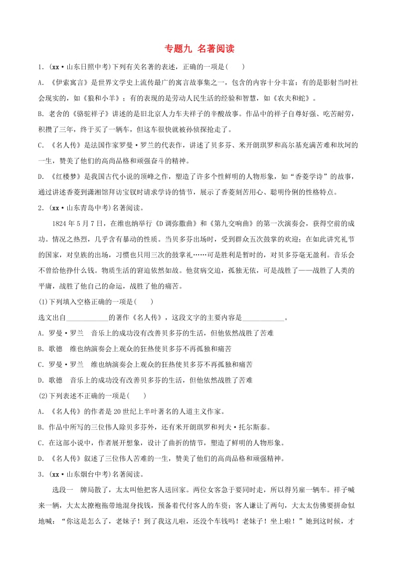 山东省滨州市2019年中考语文专题复习 专题九 名著阅读训练.doc_第1页