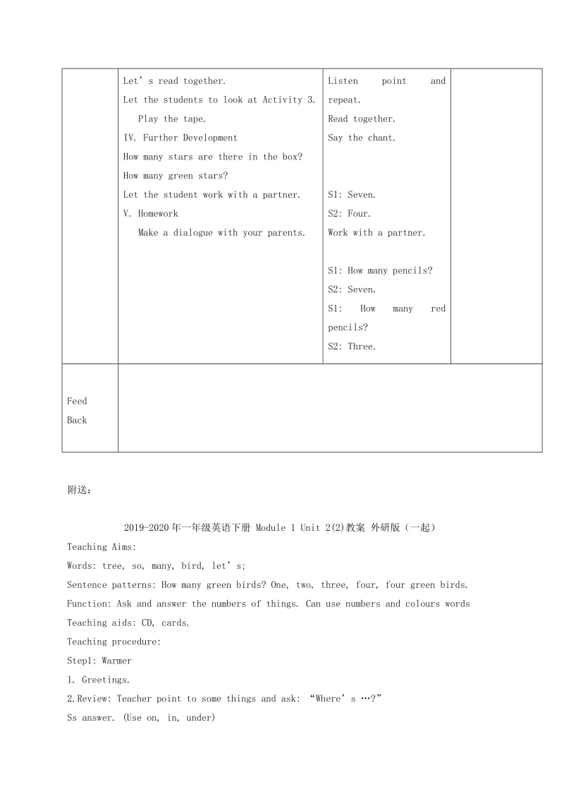 2019-2020年一年级英语下册 Module 1 Unit 2(1)教案 外研版（一起）.doc_第2页