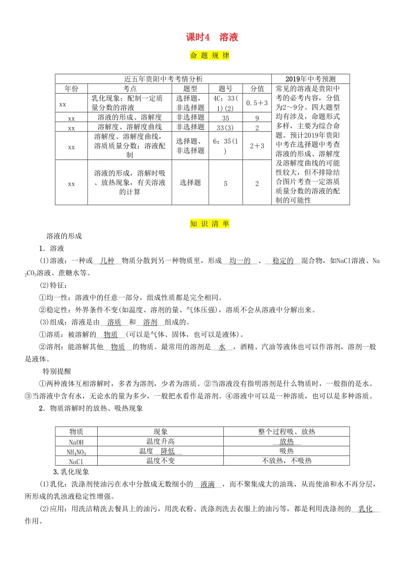 （贵阳专版）2019年中考化学总复习 第1编 主题复习 模块1 身边的化学物质 课时4 溶液（精讲）习题.doc_第1页