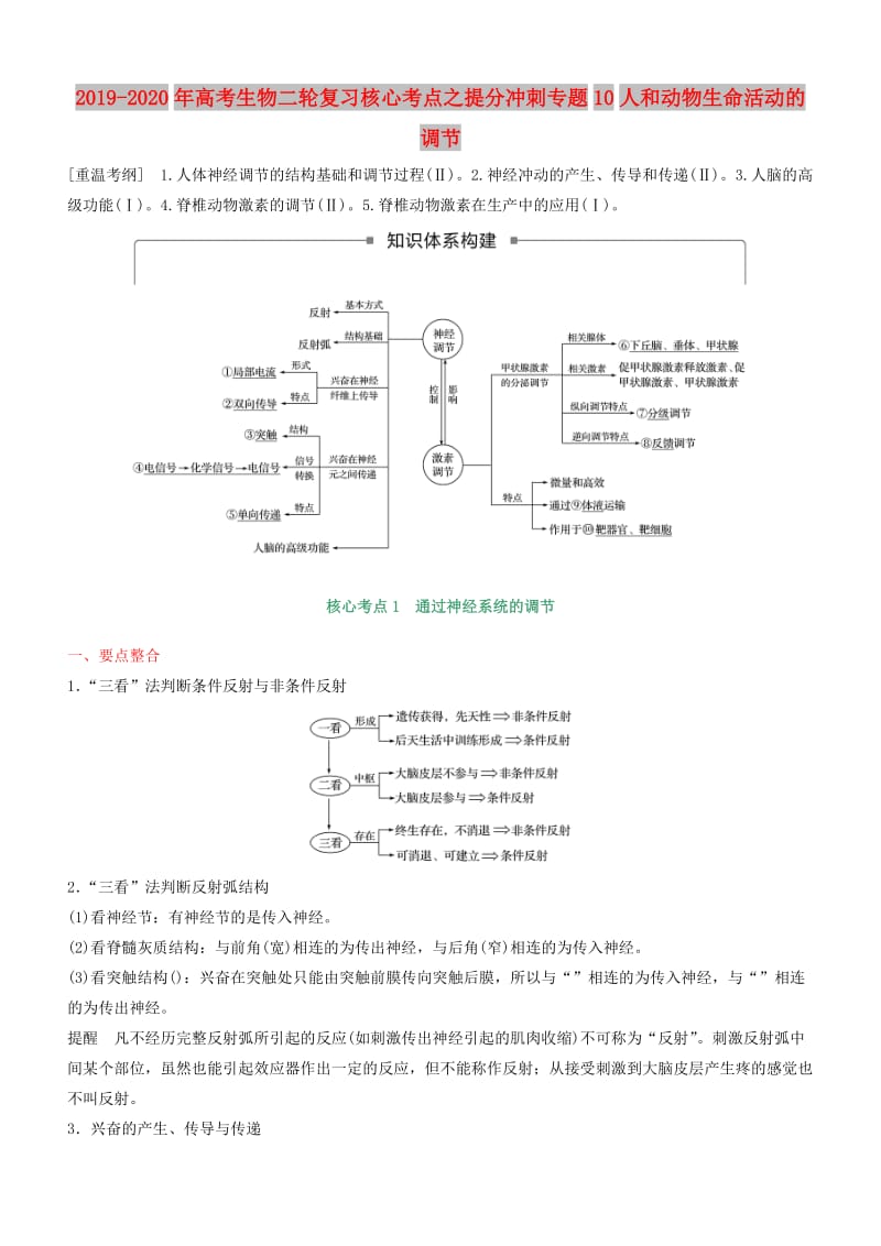 2019-2020年高考生物二轮复习核心考点之提分冲刺专题10人和动物生命活动的调节.doc_第1页