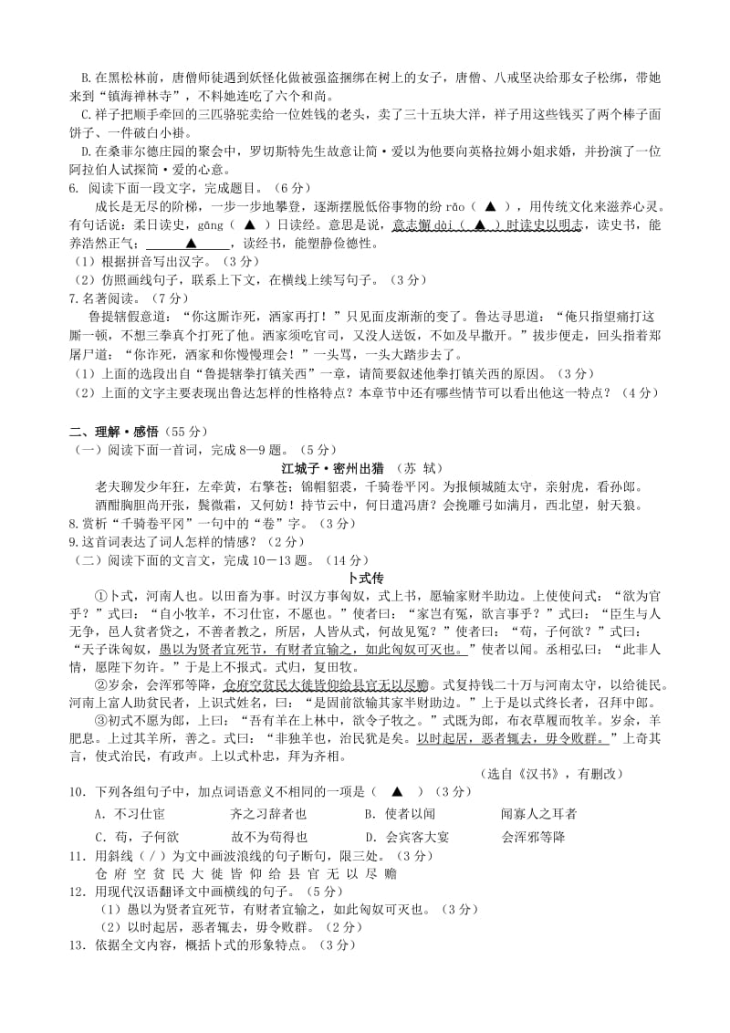 江苏省连云港市九年级语文下学期全真模拟试题三.doc_第2页