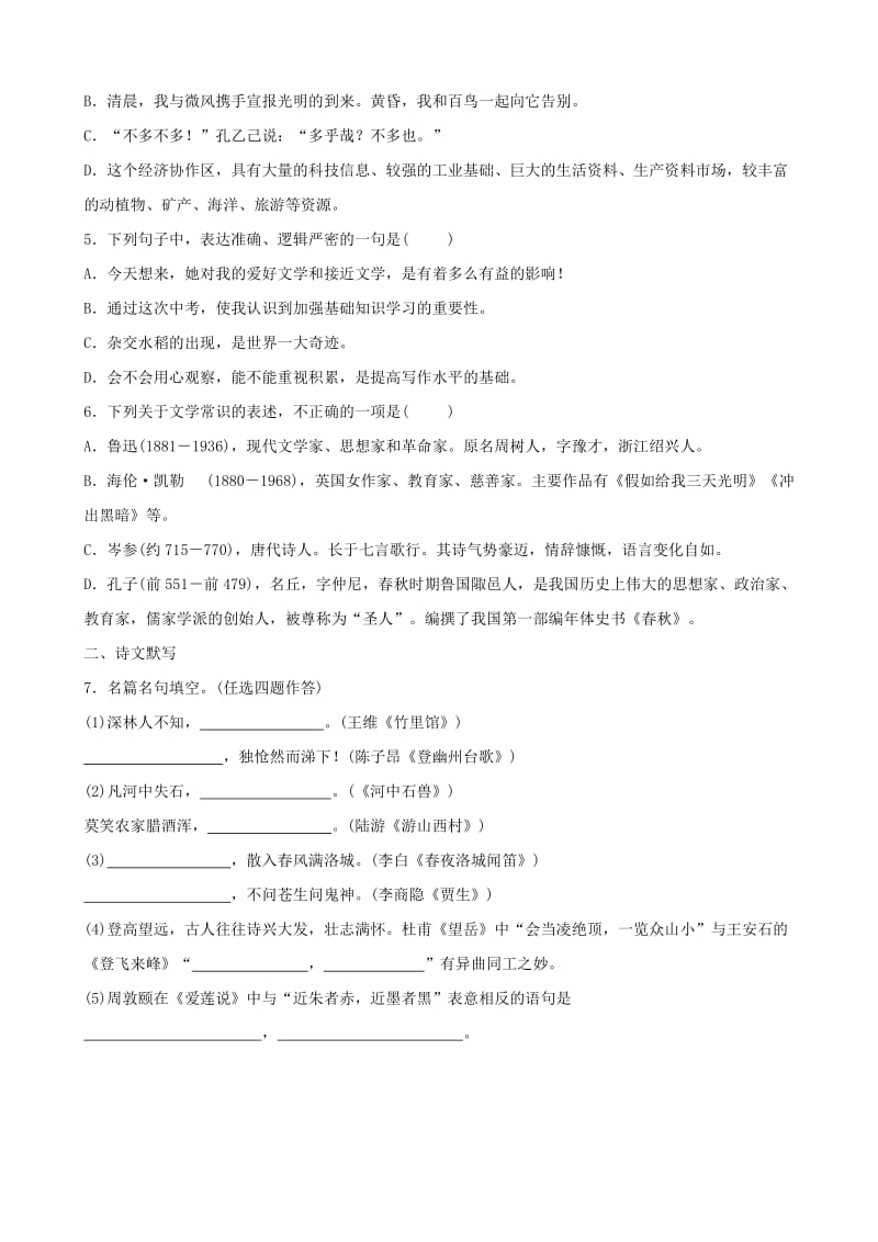 山东省潍坊市2019中考语文总复习 限时小卷一.doc_第2页