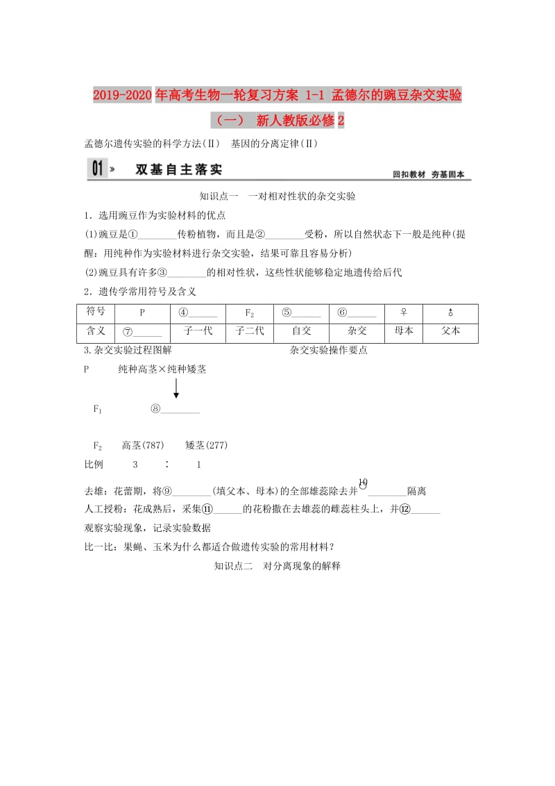 2019-2020年高考生物一轮复习方案 1-1 孟德尔的豌豆杂交实验（一） 新人教版必修2.doc_第1页