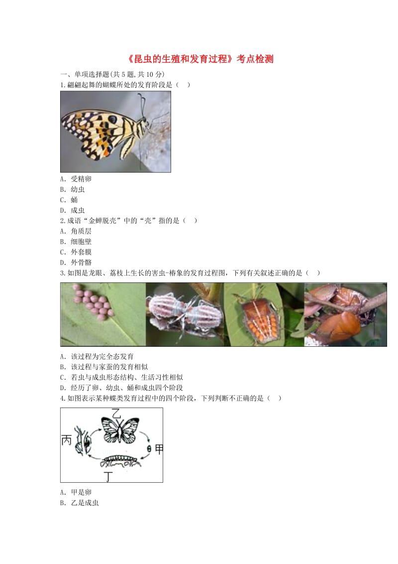河南省永城市八年级生物下册 7.1.2《昆虫的生殖和发育过程》考点检测（新版）新人教版.doc_第1页