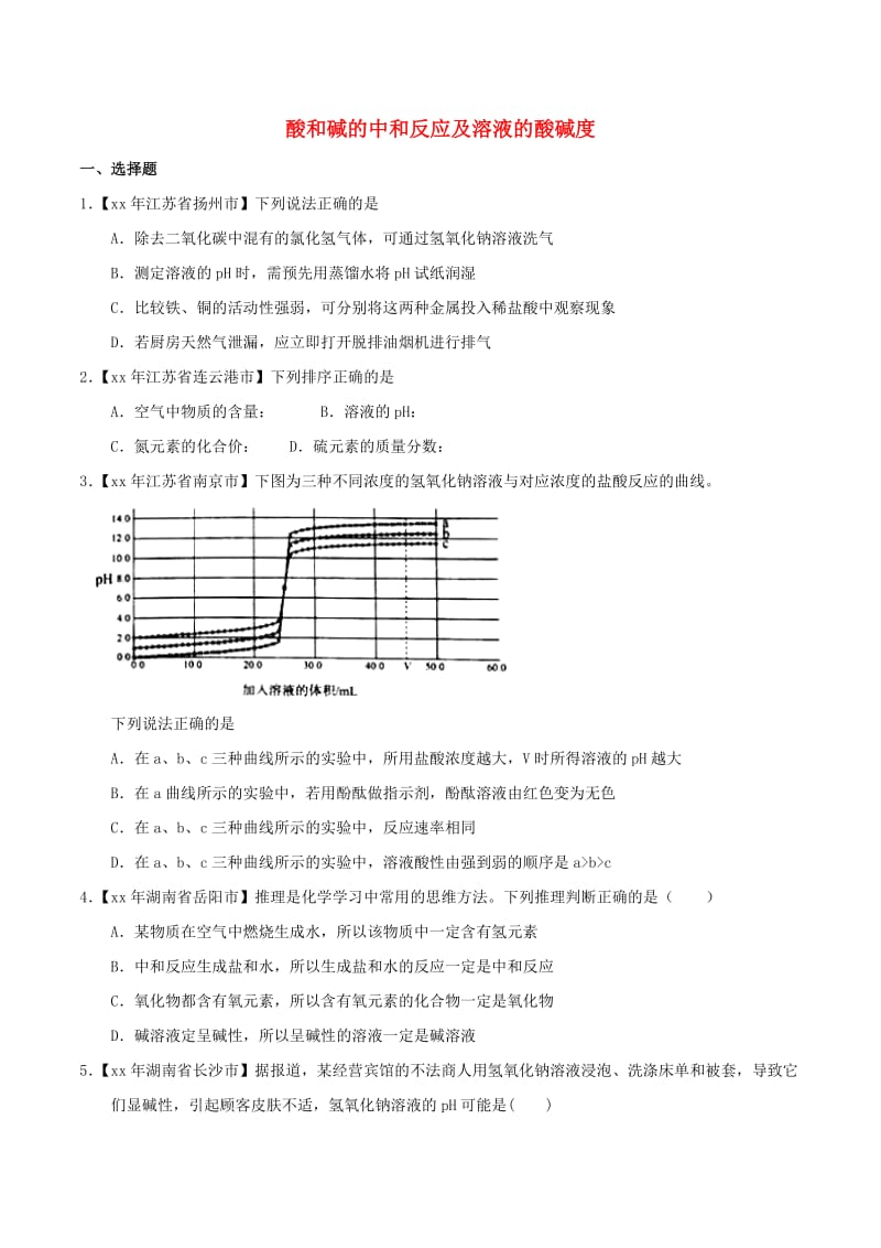 中考化学知识分类练习卷 酸和碱的中和反应及溶液的酸碱度.doc_第1页