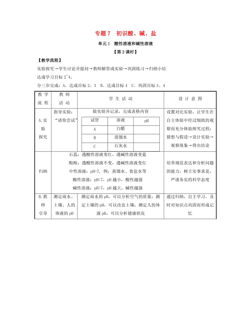 九年级化学下册 专题七 初识酸、碱和盐 单元1《酸性溶液和碱性溶液》（第2课时）教案 （新版）湘教版.doc_第1页