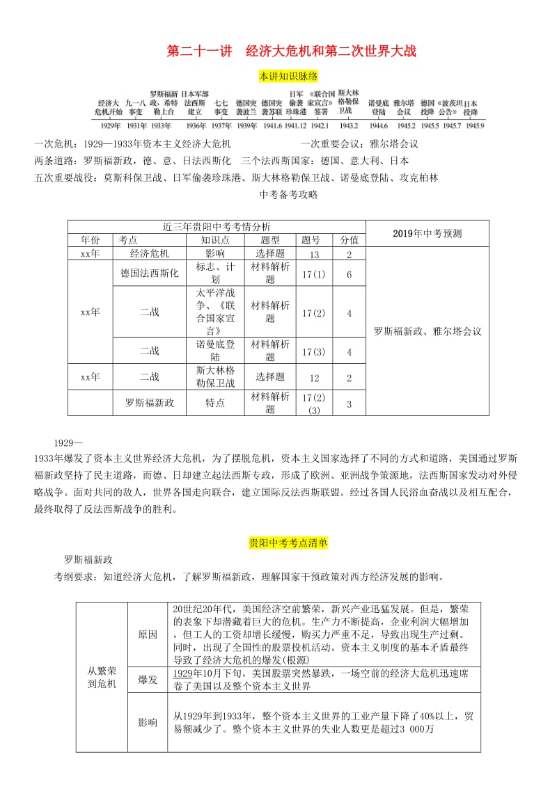 中考历史总复习 第一编 教材知识速查篇 模块四 世界现代史 第21讲 经济大危机和第二次世界大战（精讲）试题.doc_第1页