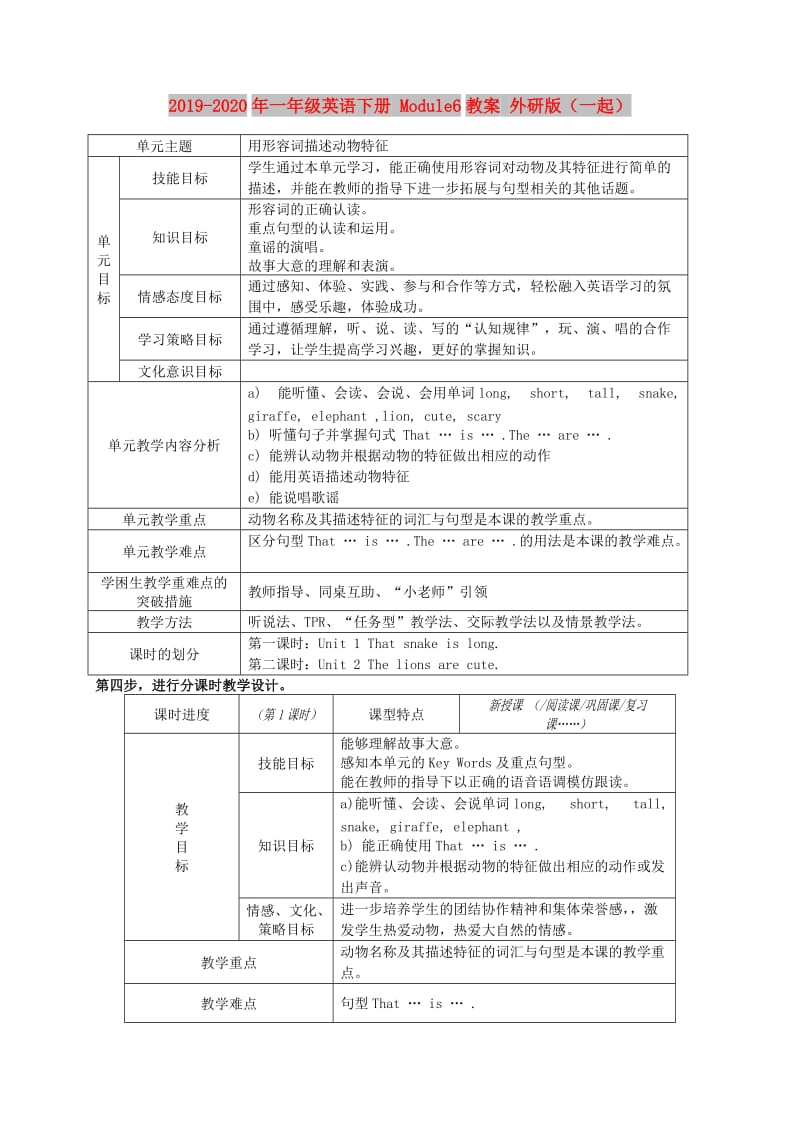 2019-2020年一年级英语下册 Module6教案 外研版（一起）.doc_第1页