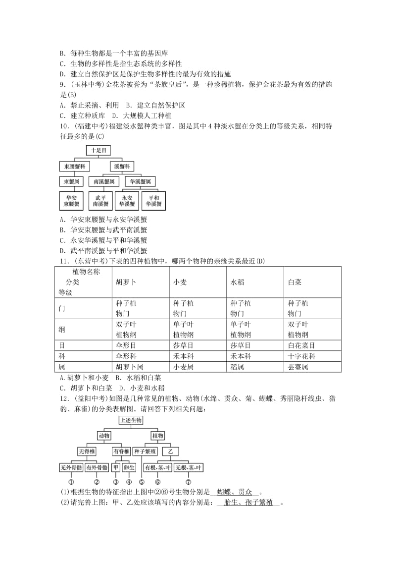 2019年中考生物总复习 主题七 生物的多样性 课时20 认识和保护生物的多样性.doc_第3页