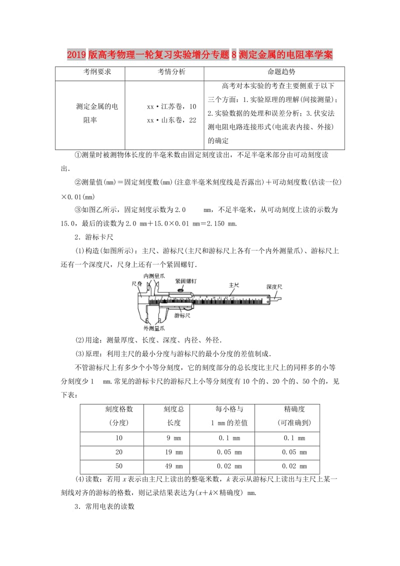 2019版高考物理一轮复习实验增分专题8测定金属的电阻率学案.doc_第1页