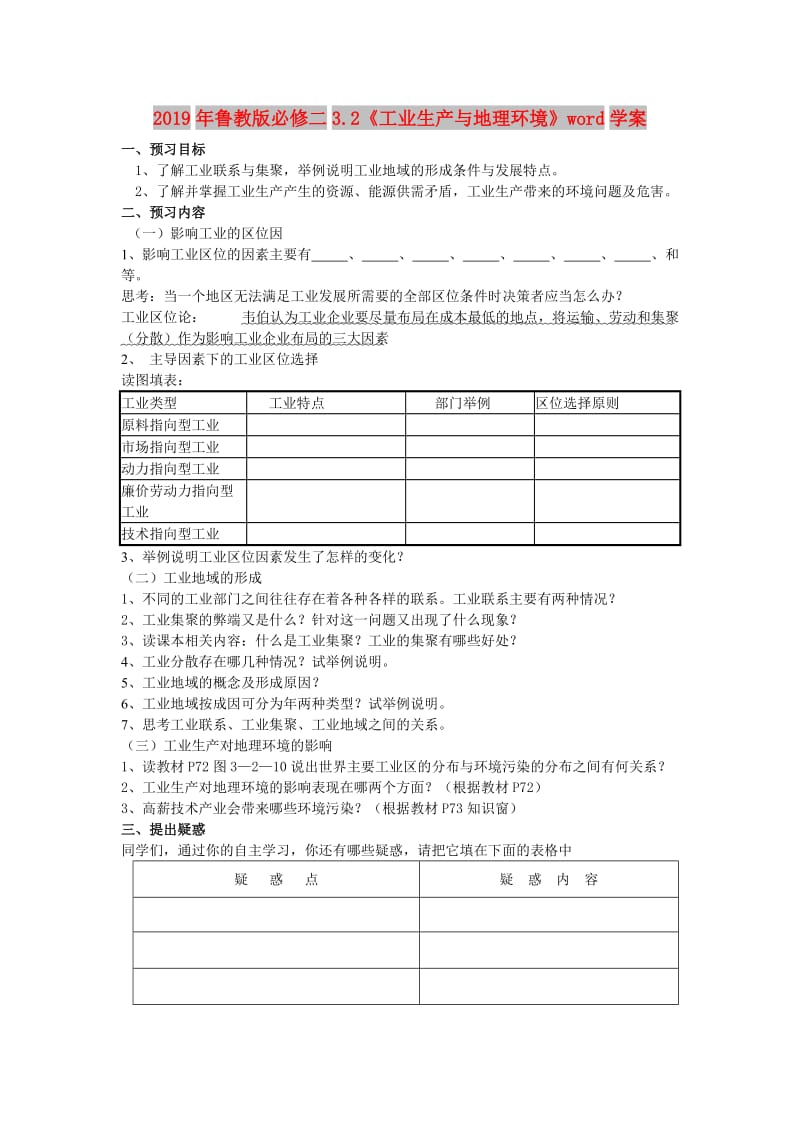 2019年鲁教版必修二3.2《工业生产与地理环境》word学案.doc_第1页