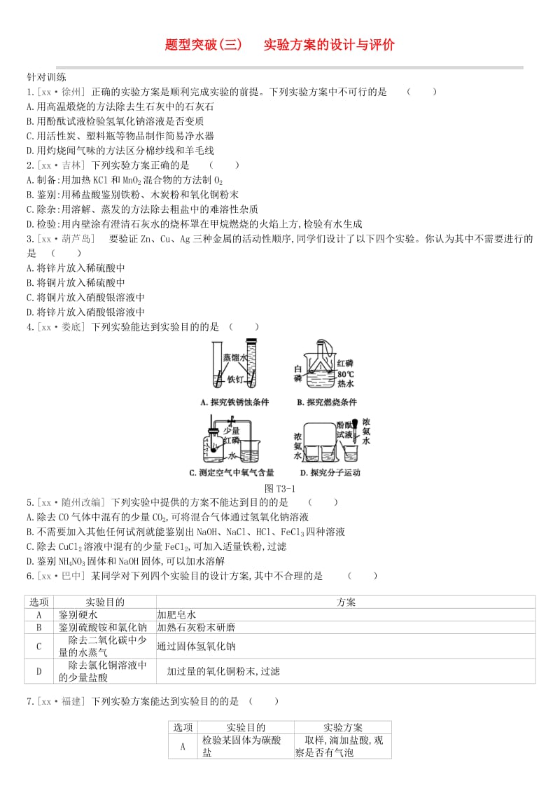 江苏省徐州市2019年中考化学复习 题型突破（三）实验方案的设计与评价练习.doc_第1页