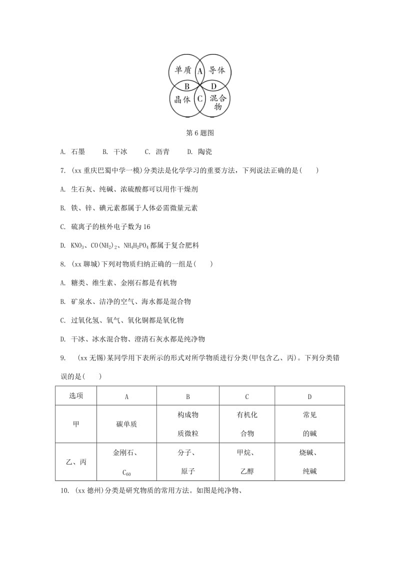 重庆市中考化学总复习 第一轮 基础知识研究 第二单元 化学基本概念和原理 第10讲 物质的分类练习.doc_第2页