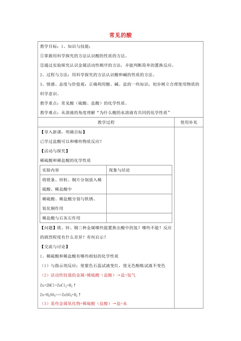 江苏省徐州市铜山区九年级化学下册 7.2 常见的酸和碱 常见的酸教案2 沪教版.doc_第1页