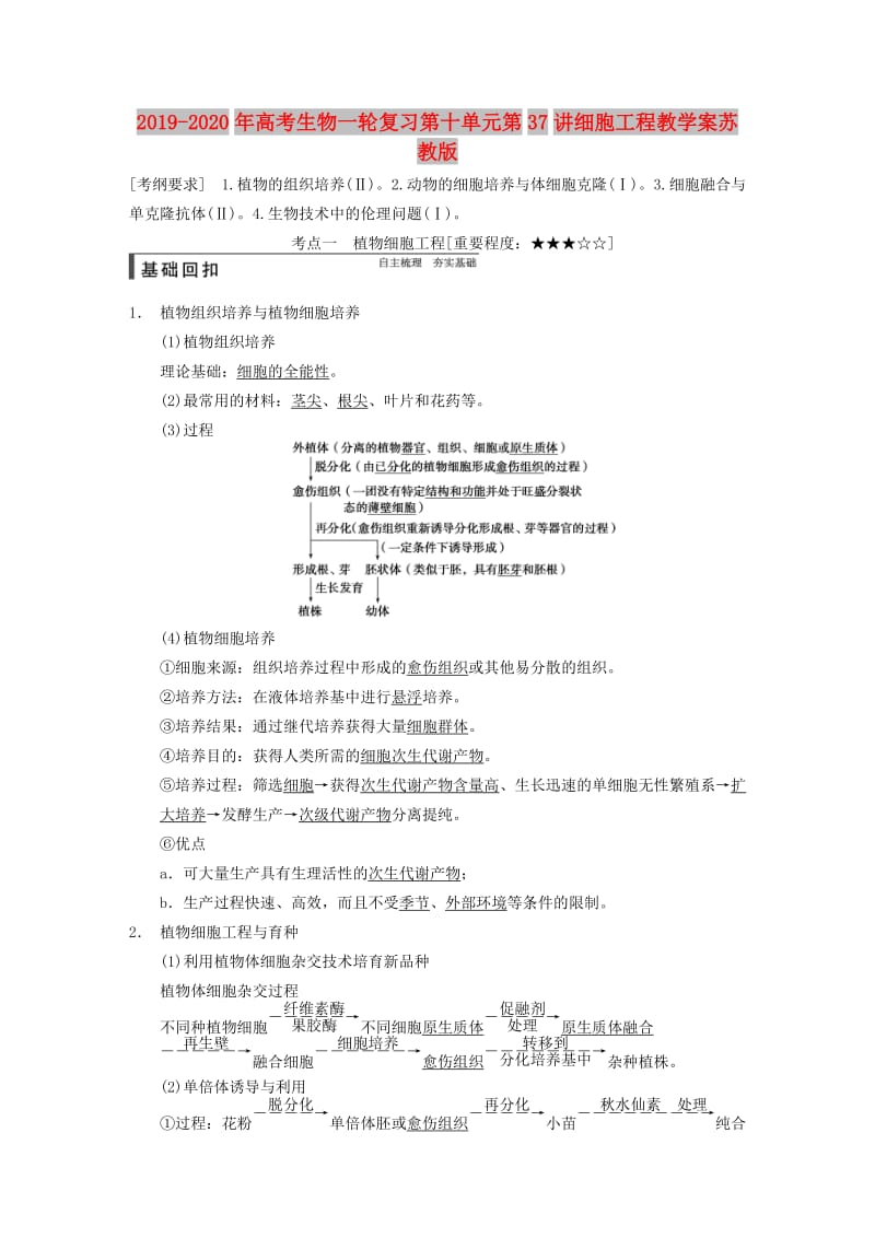 2019-2020年高考生物一轮复习第十单元第37讲细胞工程教学案苏教版.doc_第1页