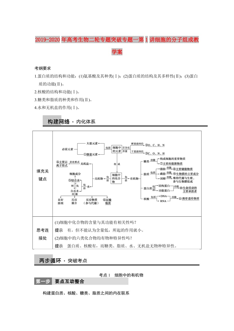 2019-2020年高考生物二轮专题突破专题一第1讲细胞的分子组成教学案.DOC_第1页