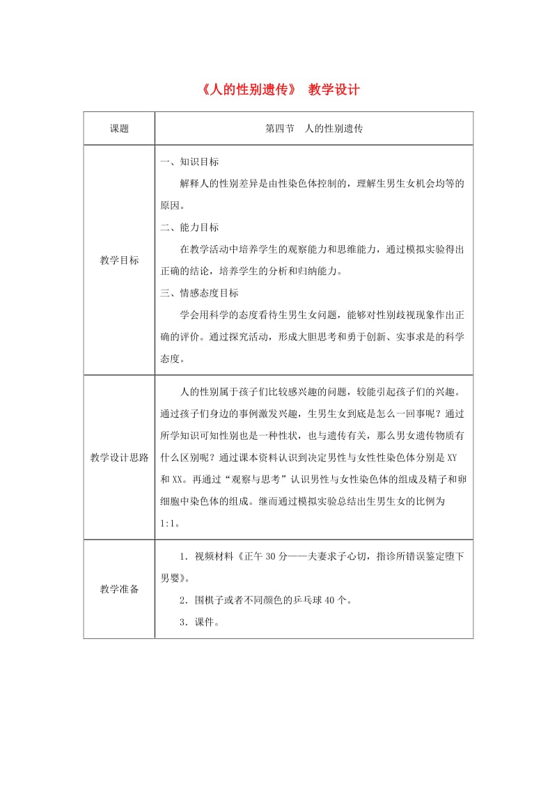 吉林省榆树市八年级生物下册 第七单元 第二章 第四节 人的性别遗传教案 （新版）新人教版.doc_第1页