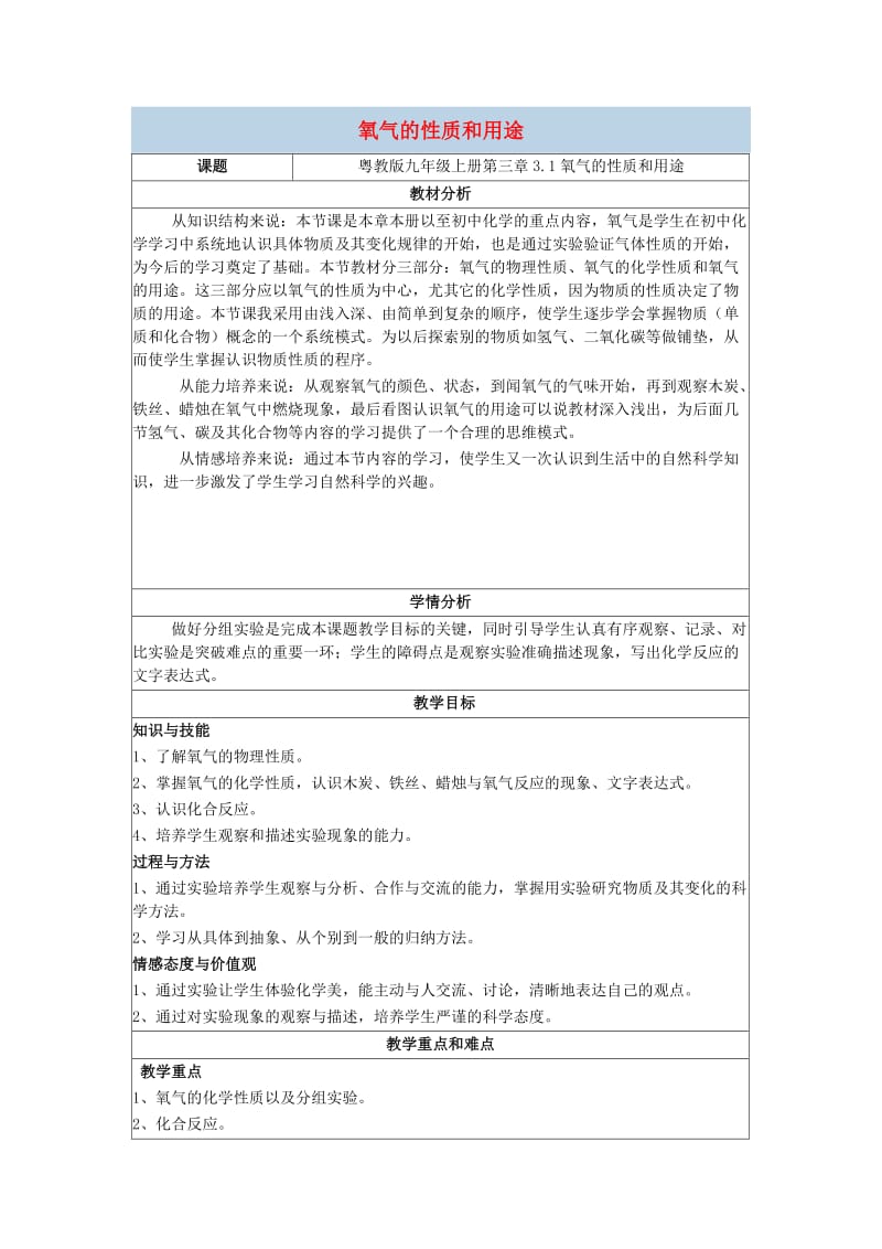 九年级化学上册 第三章 3.1 氧气的性质和用途教案 （新版）粤教版.doc_第1页