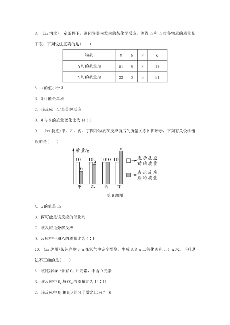 中考化学总复习 第一轮 基础知识研究 第二单元 化学基本概念和原理 第13讲 质量守恒定律练习.doc_第3页