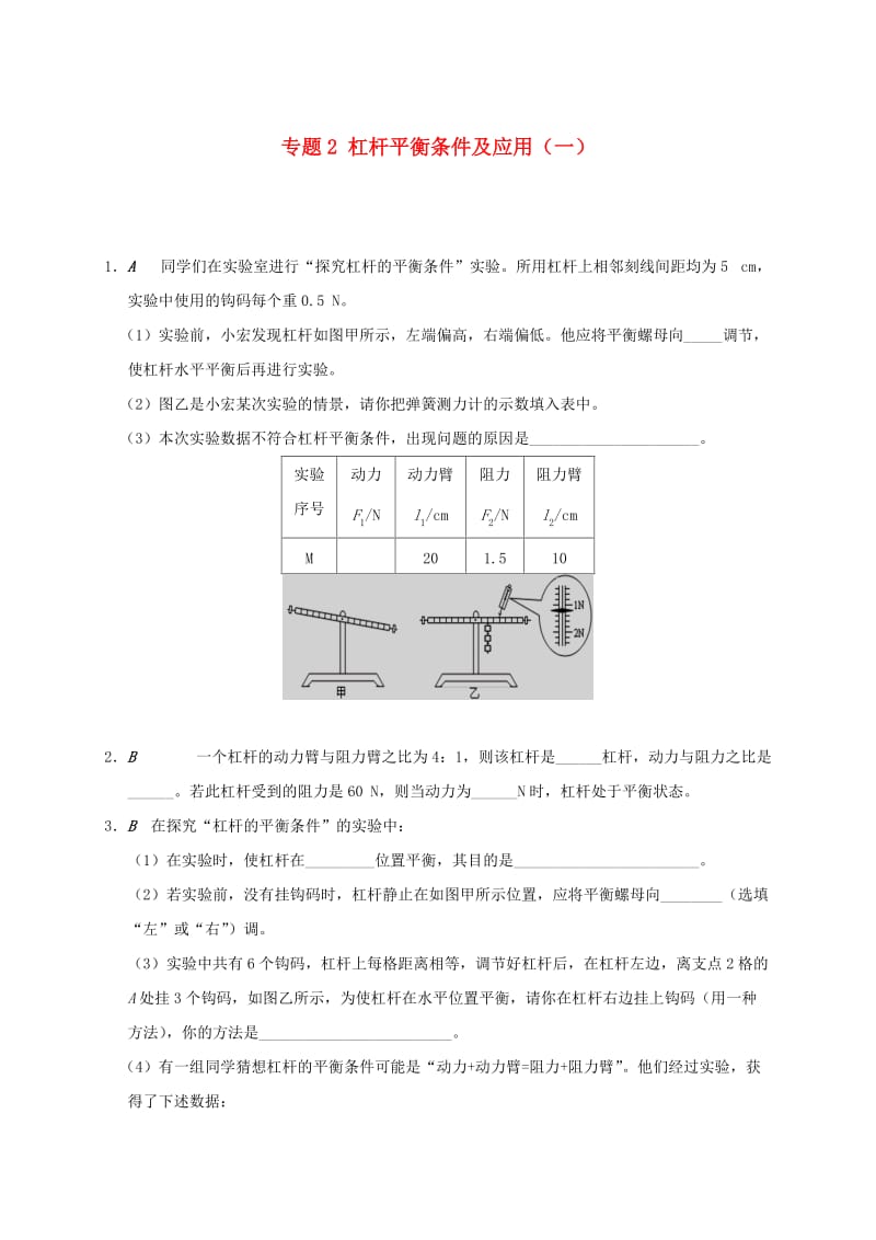 江苏省大丰市九年级物理上册 11.1 杠杆 专题2 杠杆平衡条件及应用（一）课程讲义 （新版）苏科版.doc_第1页