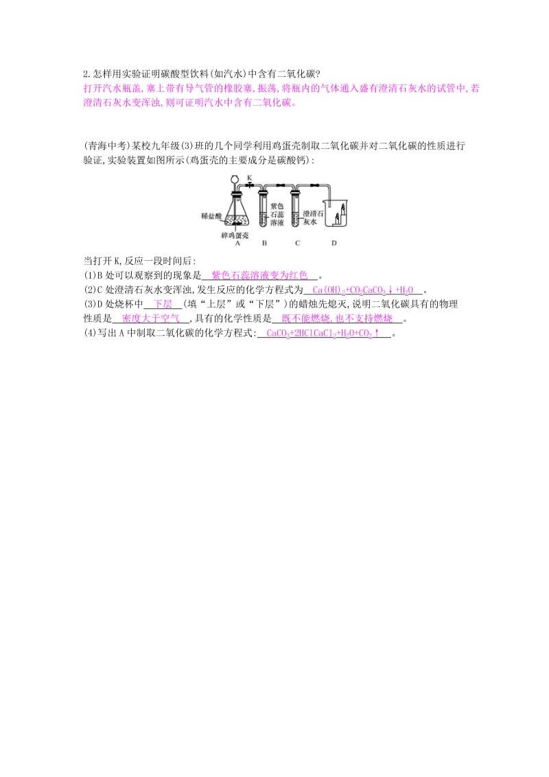 九年级化学上册 第六单元 碳和碳的氧化物 实验活动2 二氧化碳的实验室制取与性质课时作业 新人教版.doc_第2页