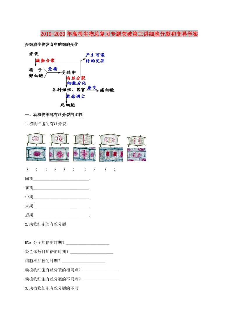 2019-2020年高考生物总复习专题突破第三讲细胞分裂和变异学案.doc_第1页