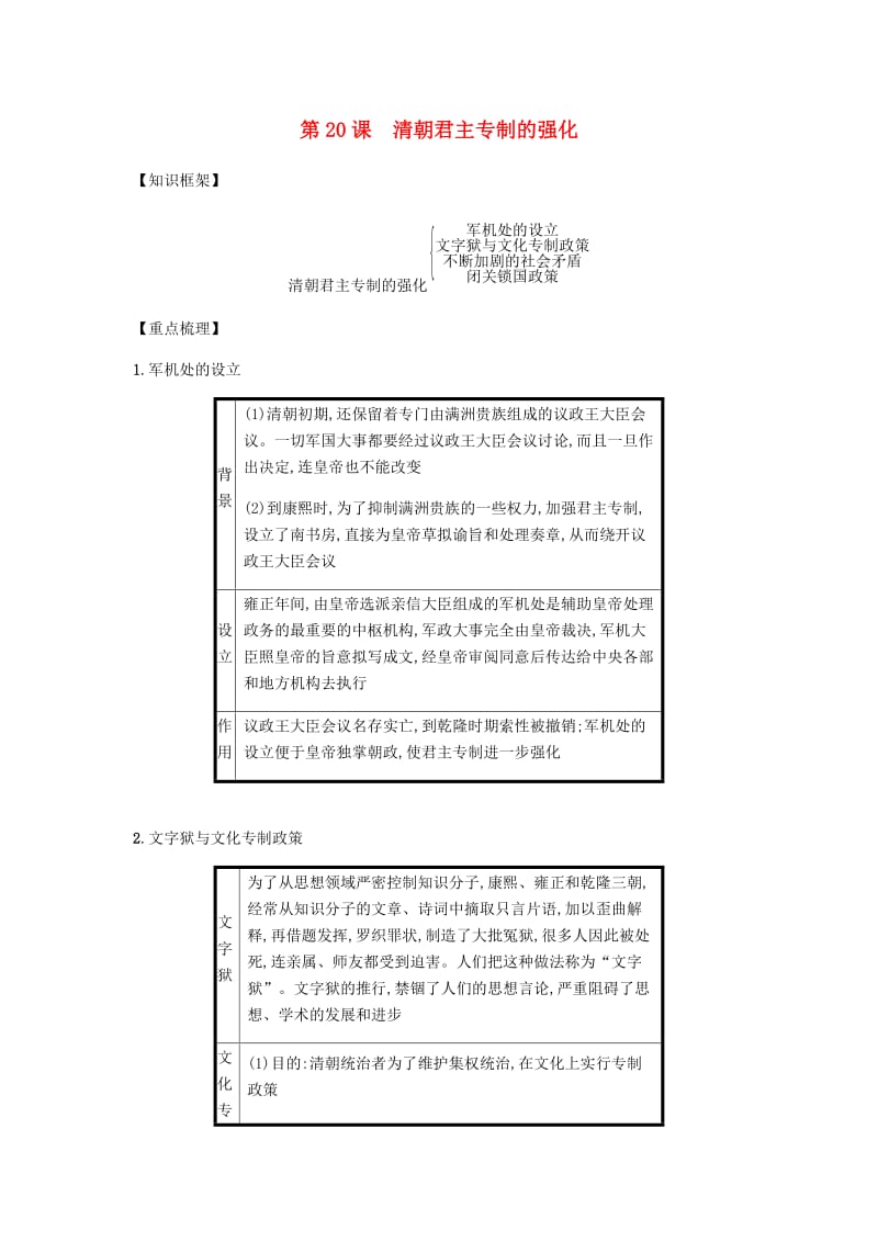 七年级历史下册 第三单元 明清时期统一多民族国家的巩固与发展 第20课 清朝君主专制的强化备考速记 新人教版.doc_第1页