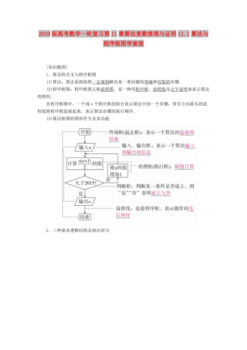 2019版高考数学一轮复习第11章算法复数推理与证明11.1算法与程序框图学案理.doc_第1页