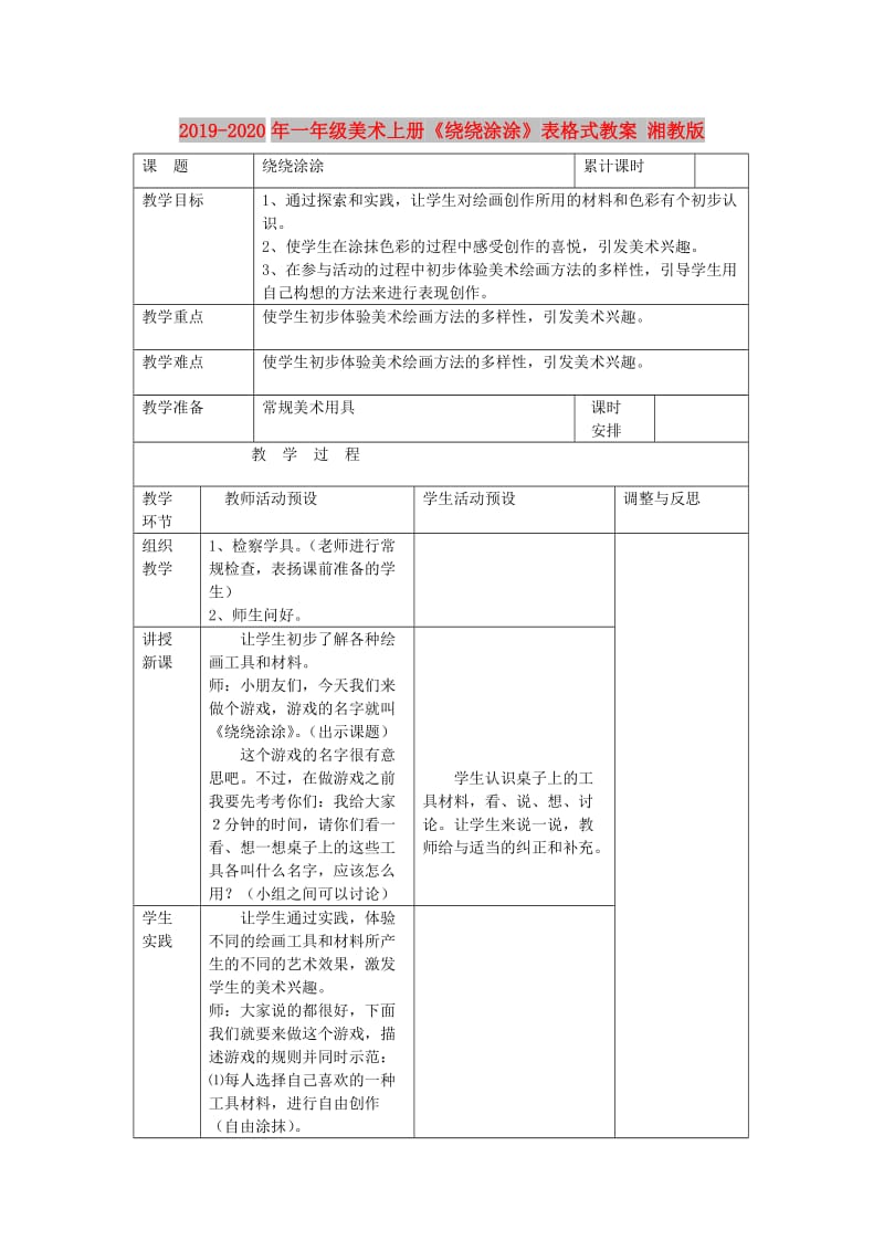 2019-2020年一年级美术上册《绕绕涂涂》表格式教案 湘教版.doc_第1页