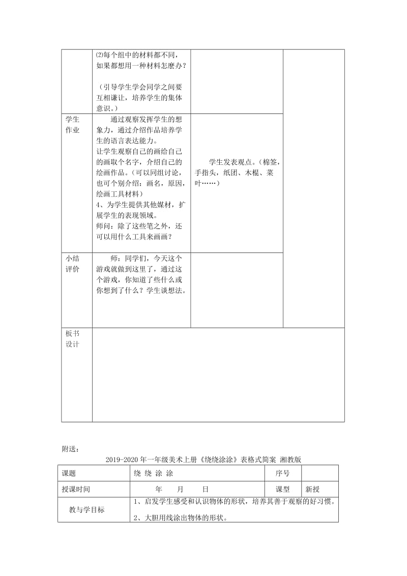 2019-2020年一年级美术上册《绕绕涂涂》表格式教案 湘教版.doc_第2页