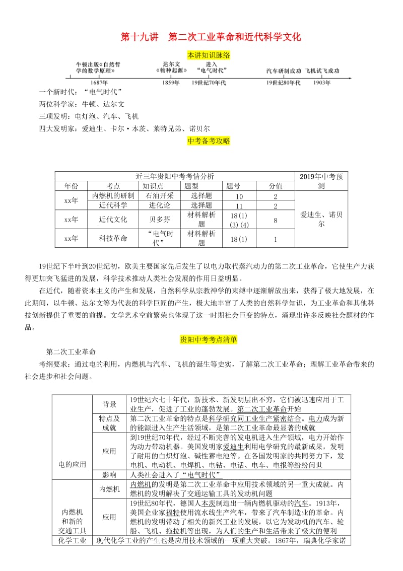 中考历史总复习 第一编 教材知识速查篇 模块三 世界近代史 第19讲 第二次工业革命和近代科学文化（精讲）试题.doc_第1页