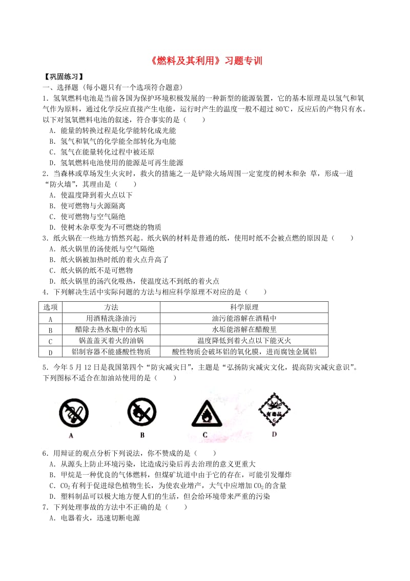 中考化学总复习《燃料及其利用》习题专训（含解析）.doc_第1页