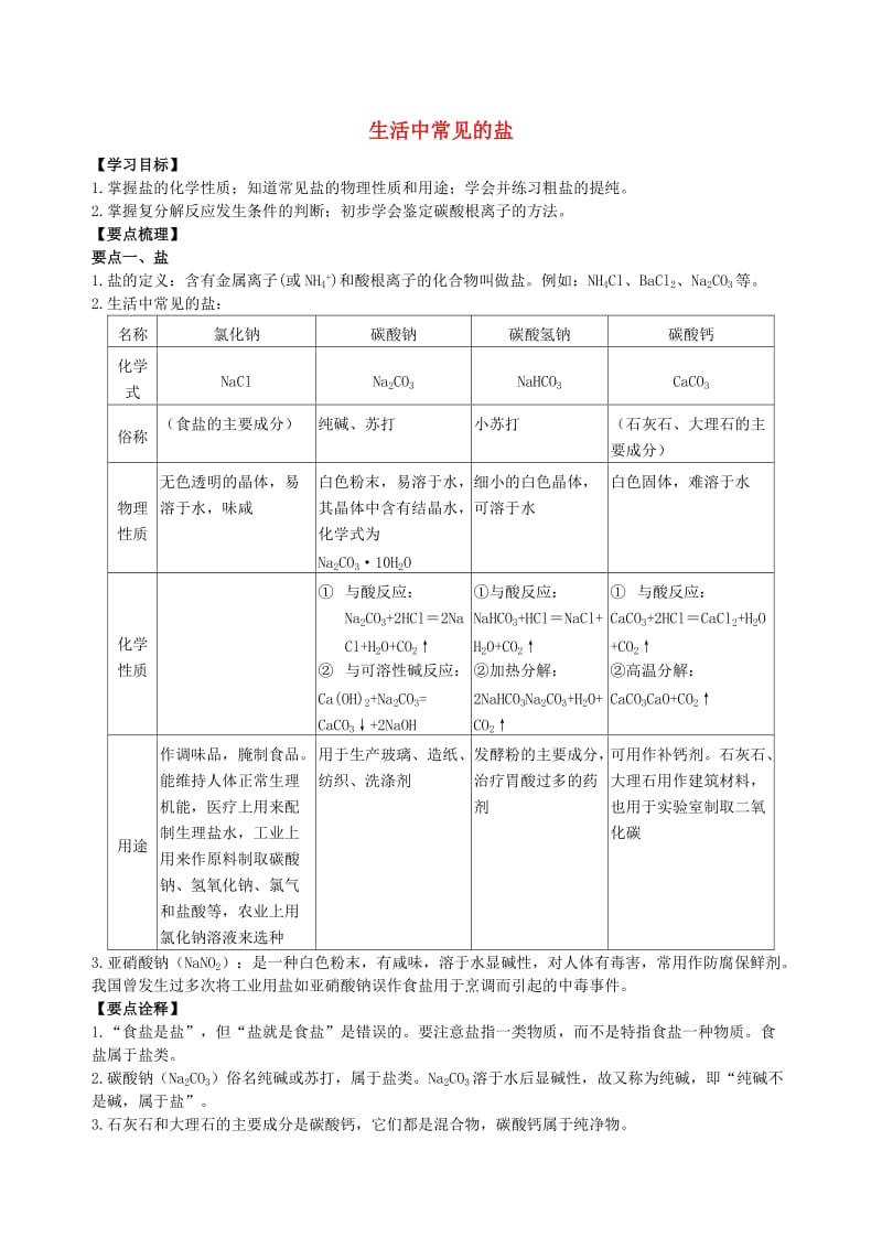 九年级化学下册《生活中常见的盐》知识点归纳总结+例题演练（含解析）（新版）新人教版.doc_第1页