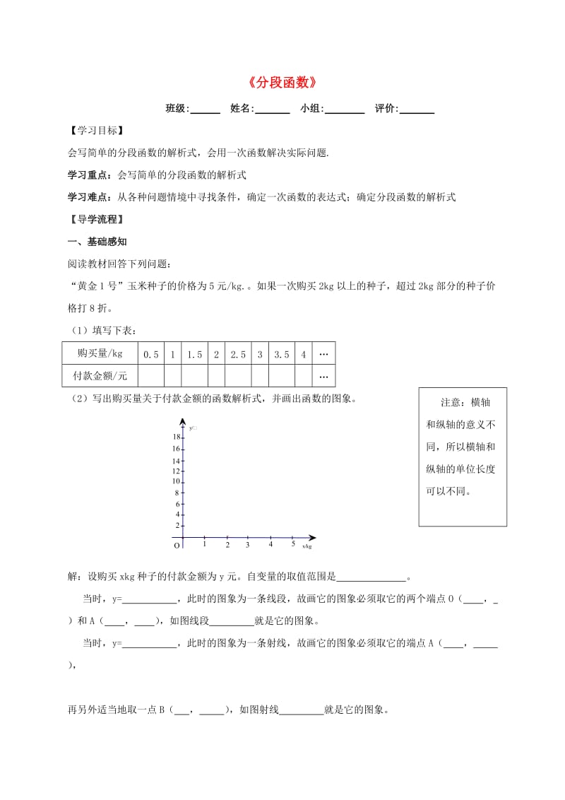 湖北省武汉市八年级数学下册 19.2 一次函数 19.2.2 分段函数导学提纲（新版）新人教版.doc_第1页