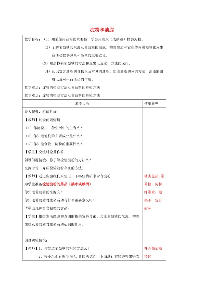 江苏省徐州市铜山区九年级化学下册 第8章 食品中的有机化合物 8.2 淀粉和油脂教案 沪教版.doc_第1页