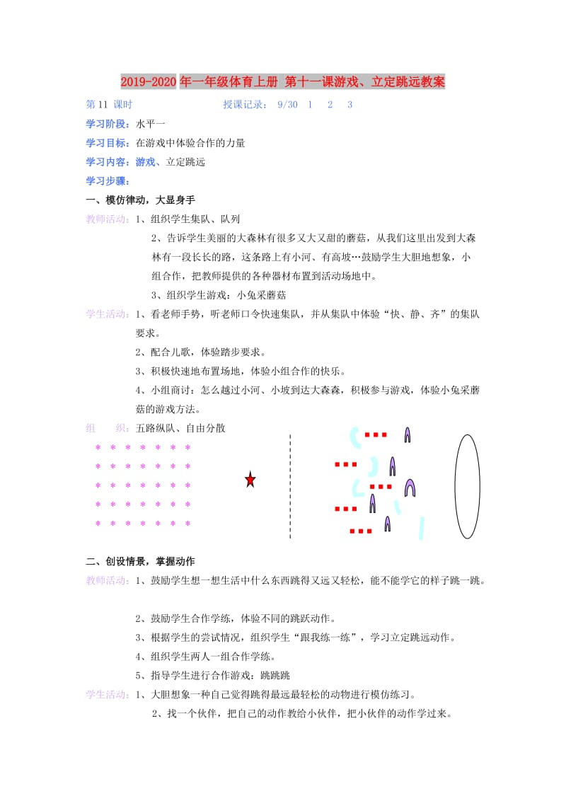 2019-2020年一年级体育上册 第十一课游戏、立定跳远教案.doc_第1页