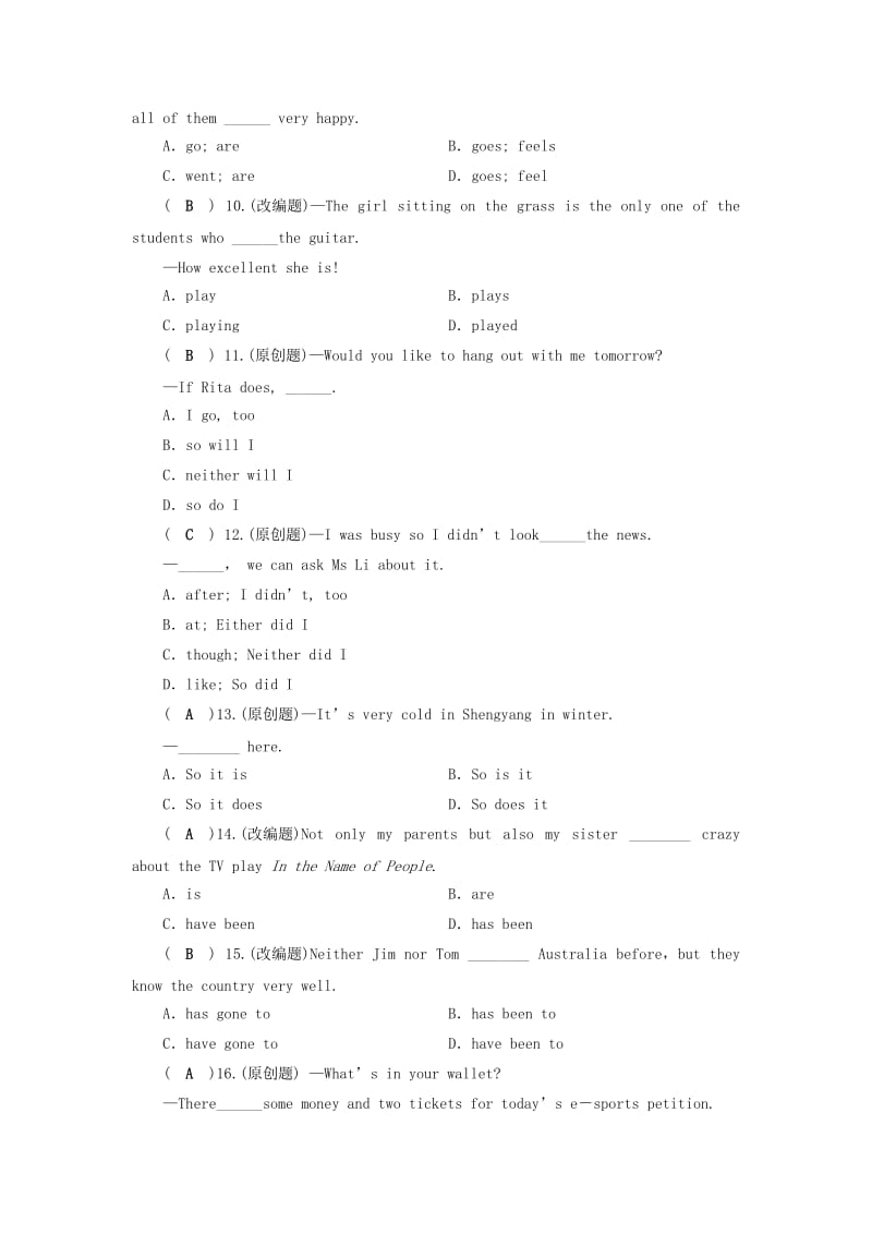 安徽省2019中考英语二轮复习 第2部分 专题研究 第12课时 主谓一致和倒装句习题.doc_第2页