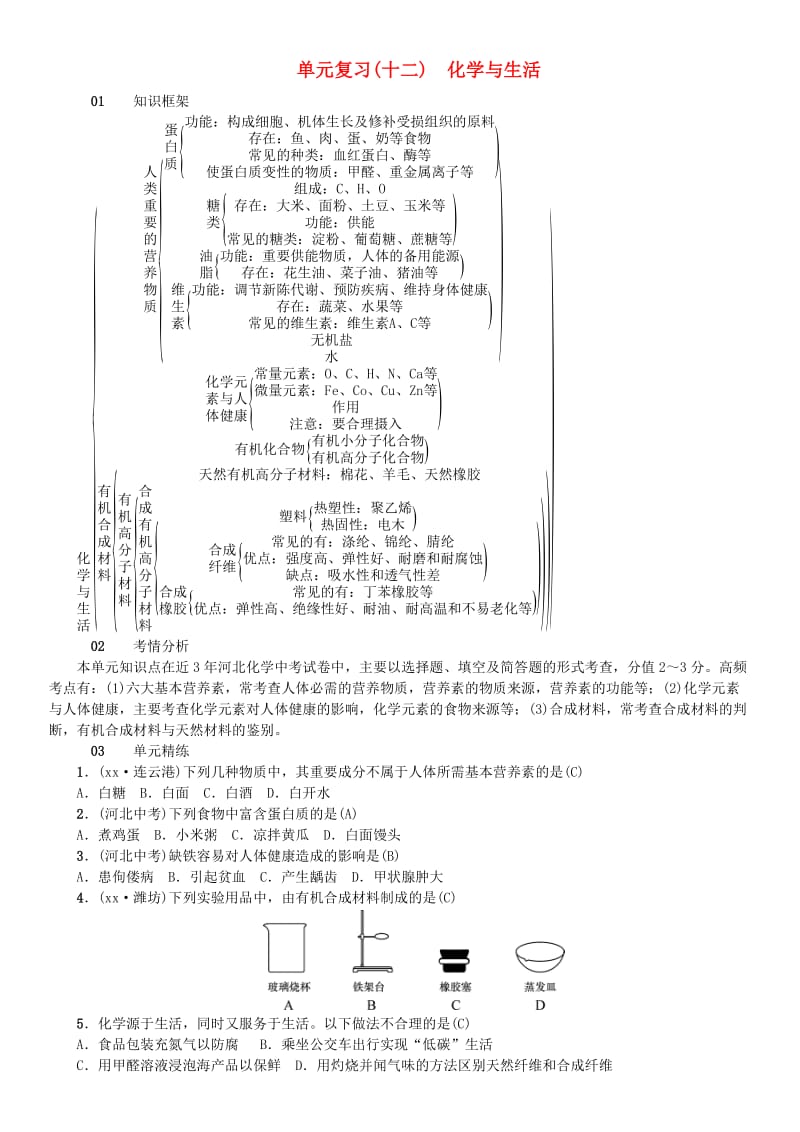 河北省九年级化学下册 第十二单元 化学与生活单元复习（十二）习题 （新版）新人教版.doc_第1页