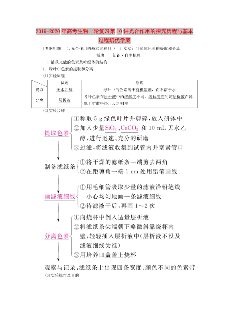 2019-2020年高考生物一轮复习第10讲光合作用的探究历程与基本过程培优学案.doc_第1页