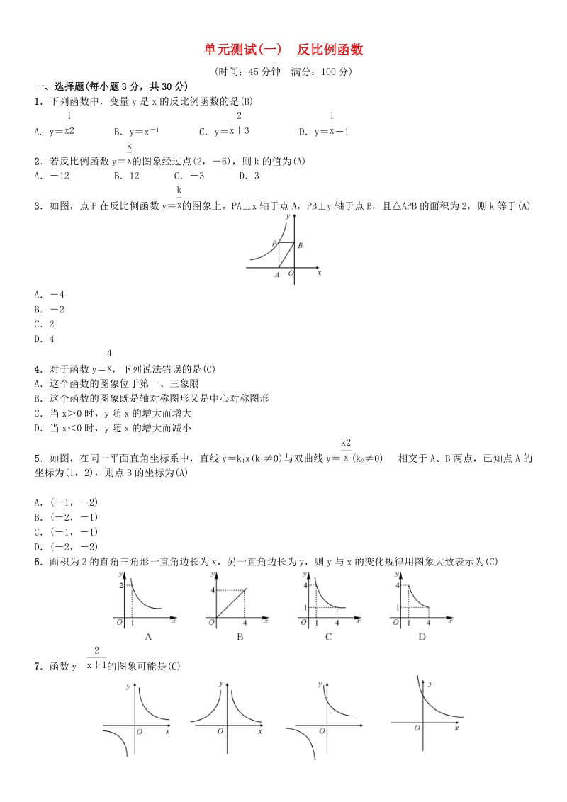 2019届九年级数学下册 单元测试（一）反比例函数 （新版）新人教版.doc_第1页