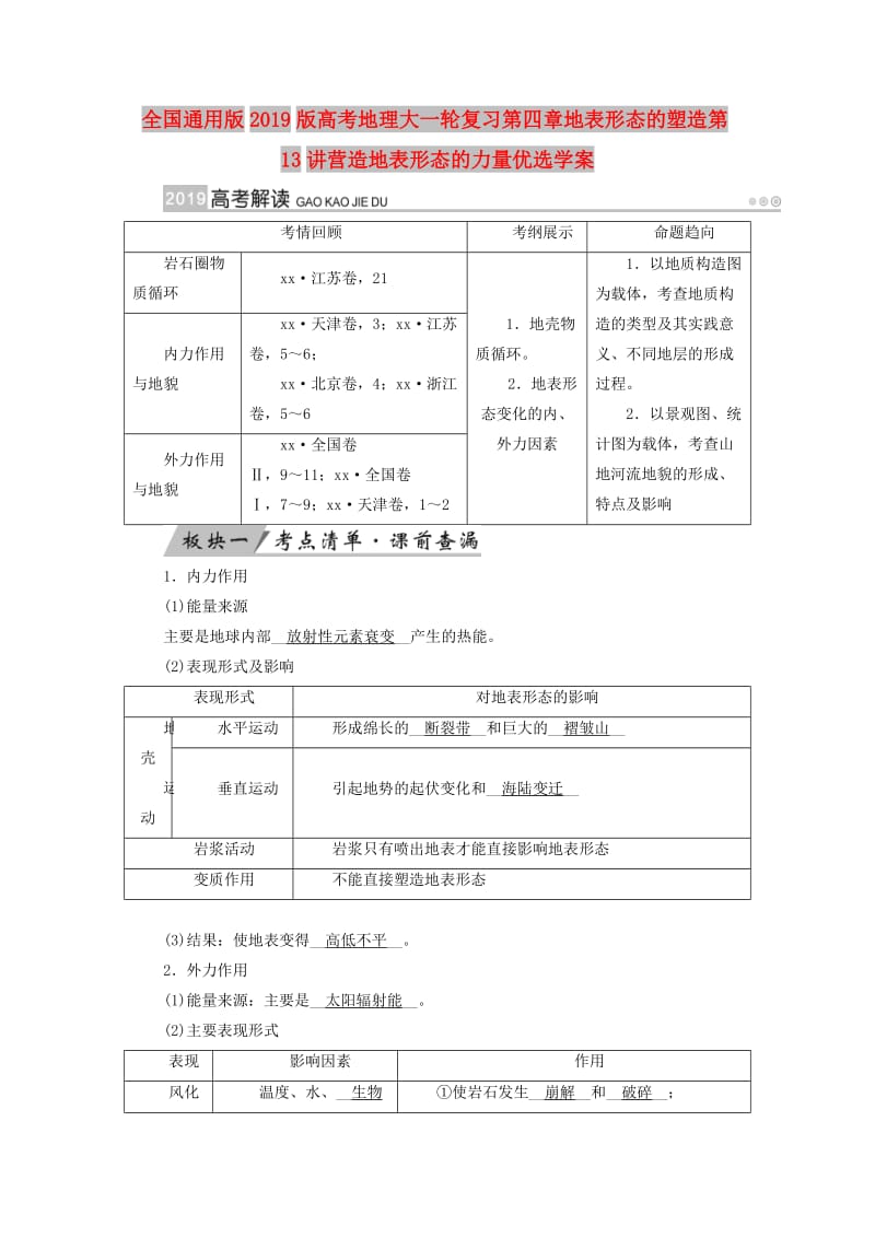 全国通用版2019版高考地理大一轮复习第四章地表形态的塑造第13讲营造地表形态的力量优选学案.doc_第1页